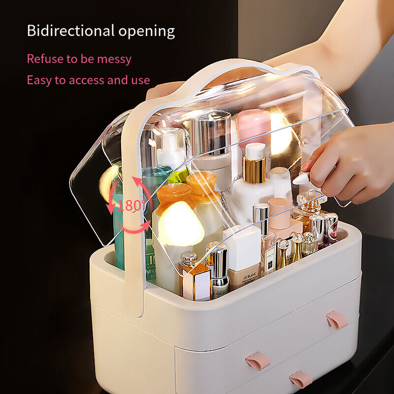 Portable Makeup Storage Box Countertop Organizer Fully Open Waterproof Cover makeup organizer