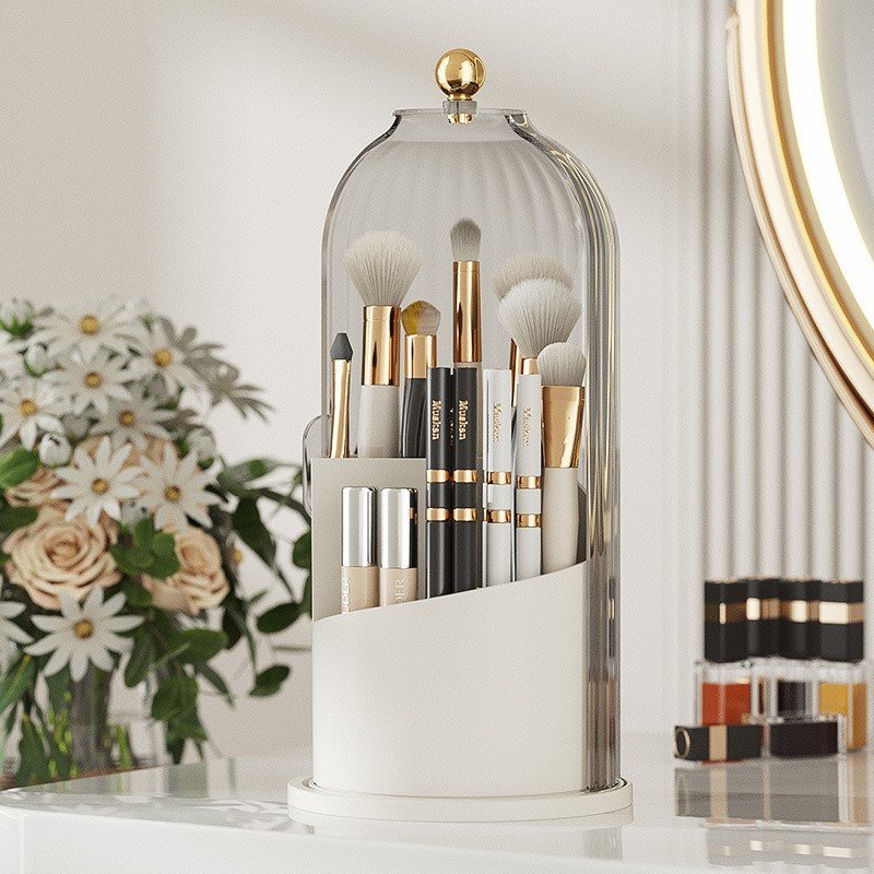 360 Rotating Makeup Brush Holder Organizer with Cover Cosmetic Make up Brush Storage Container for Vanity Bathroom Countertop