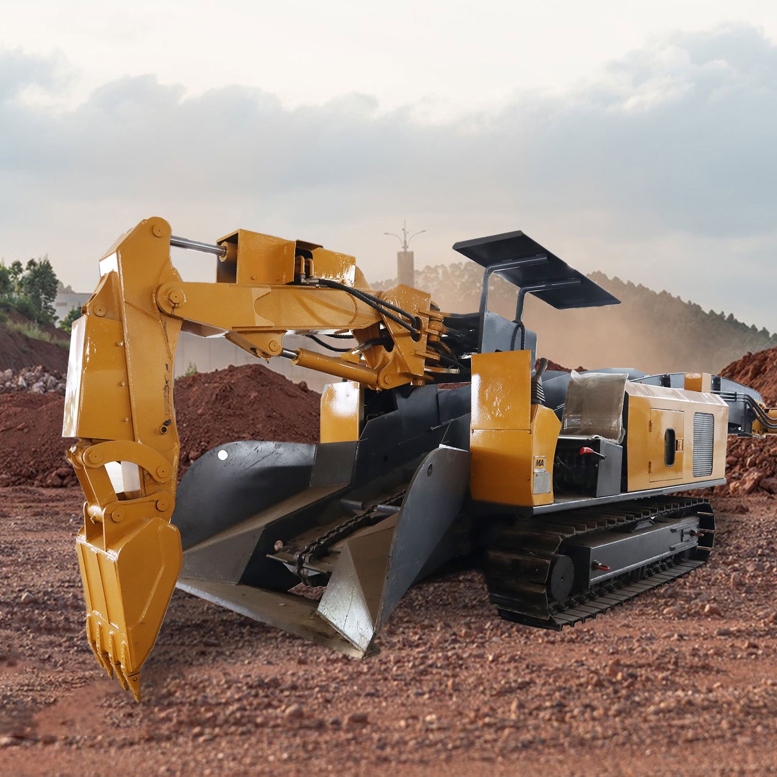 Tracked wheeled mucking loader continuous loader with grab arm and chain conveyor used in mines in South Africa