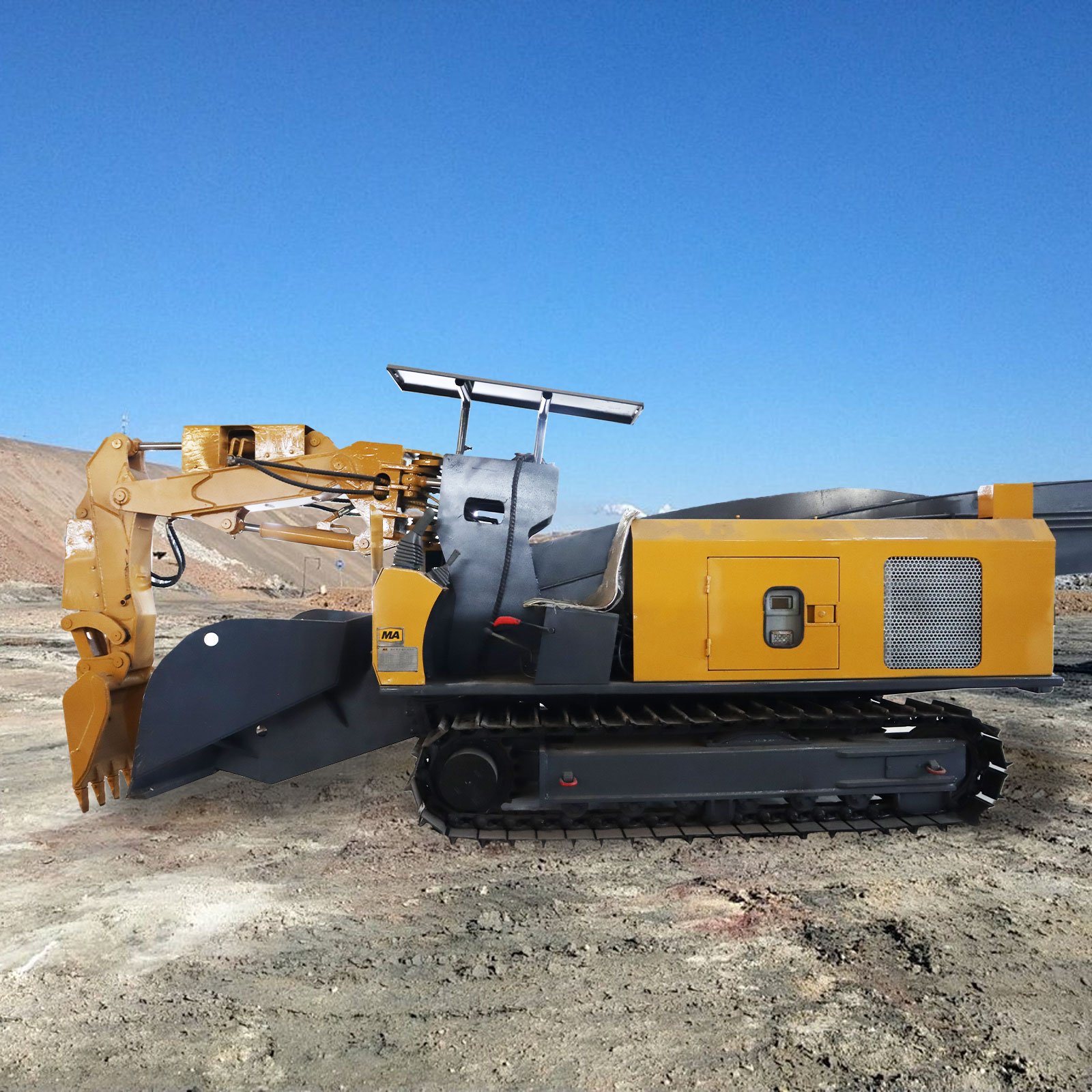 Tracked wheeled mucking loader continuous loader with grab arm and chain conveyor used in mines in South Africa