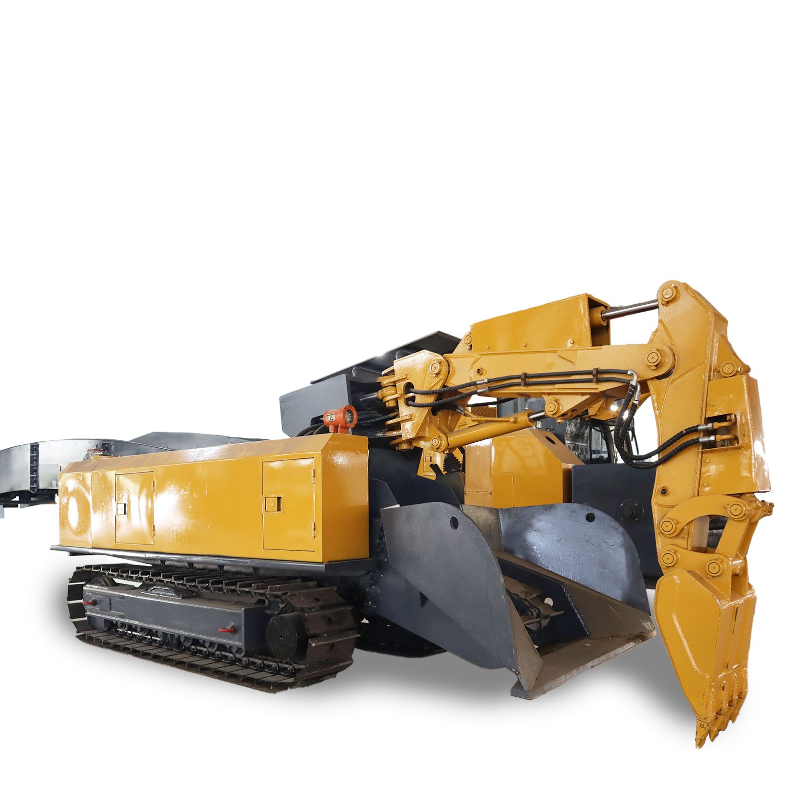 Tracked wheeled mucking loader continuous loader with grab arm and chain conveyor used in mines in South Africa