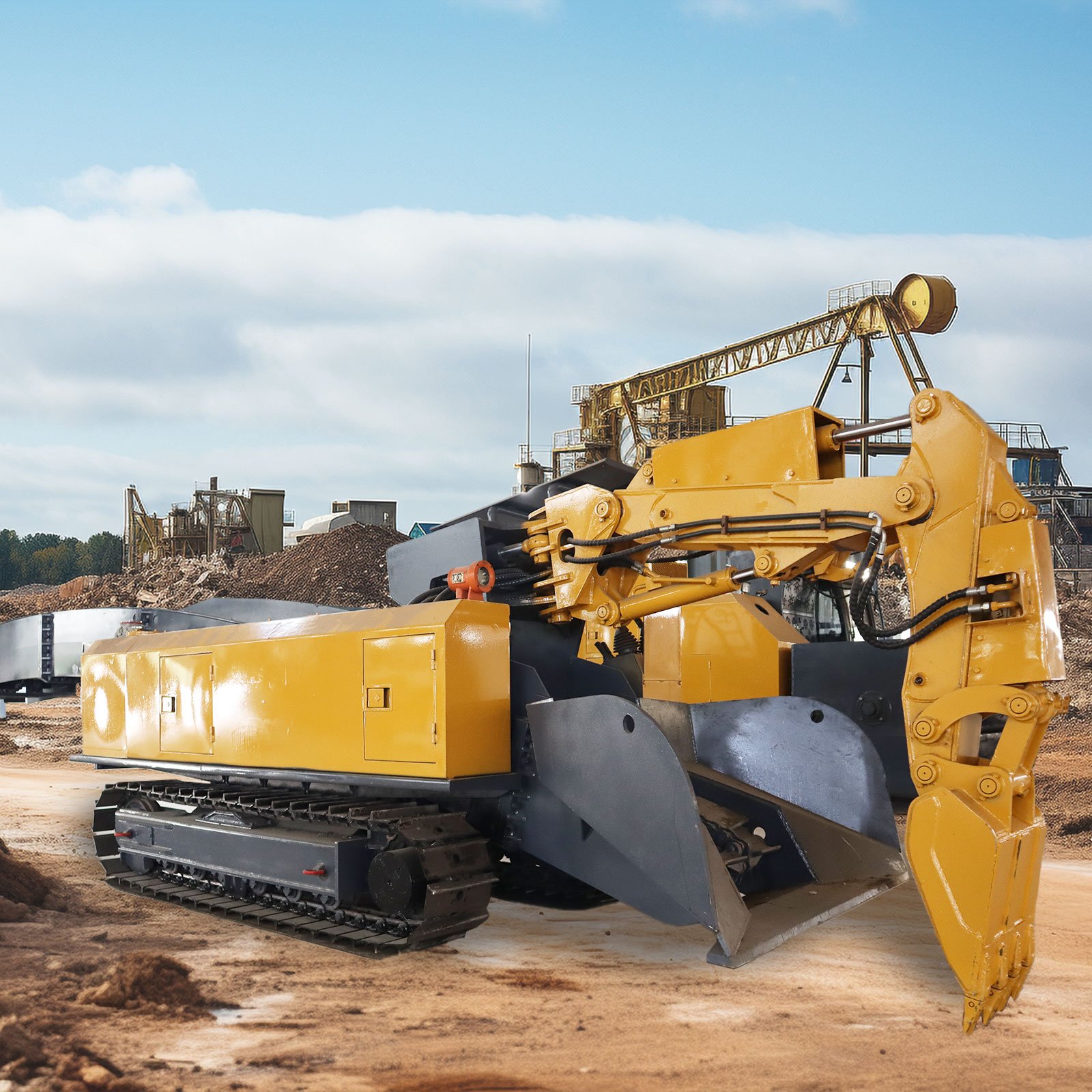 Tracked wheeled mucking loader continuous loader with grab arm and chain conveyor used in mines in South Africa