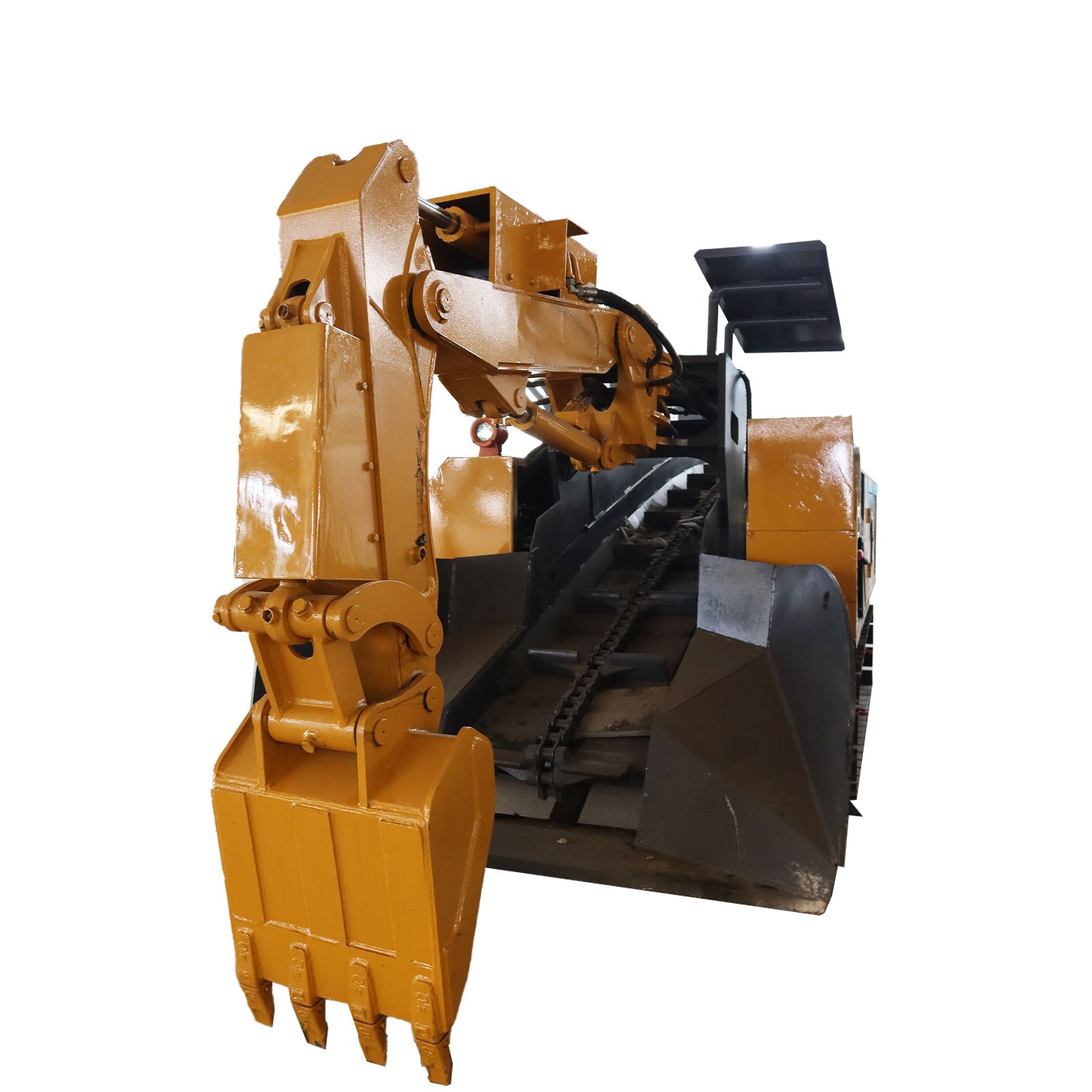 Tracked wheeled mucking loader continuous loader with grab arm and chain conveyor used in mines in South Africa