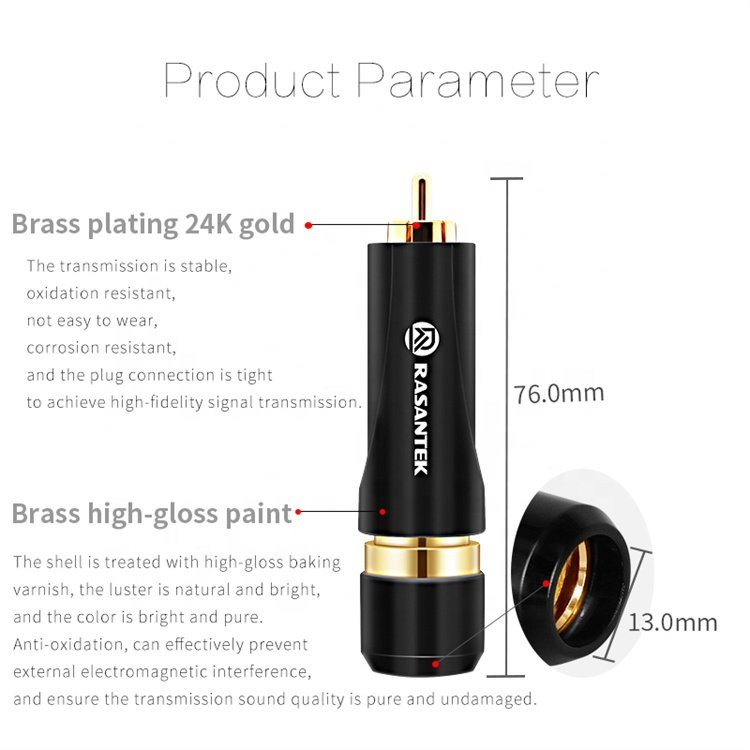 RASANTEK OEM ODM RCA Connector 2u" 24K Gold Plated HIFI Male Jack Audio Rca Plug for Audio Cable