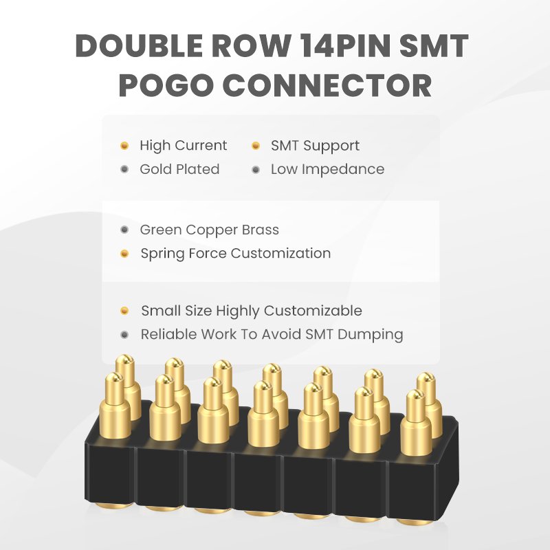 14Pin Double Row Customize Length Pitch 2.54mm 5V2A 12V 2A Gold Plated SMT 14 Pin Spring Pogo Connector