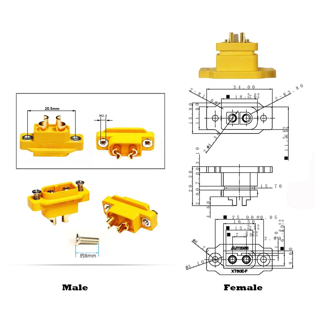 Amass XT60e1-M F XT60e-F XT60 E-F XT60em Male And Female Through Panel XT60 Mountable Screw Mount Pair Housing Connector