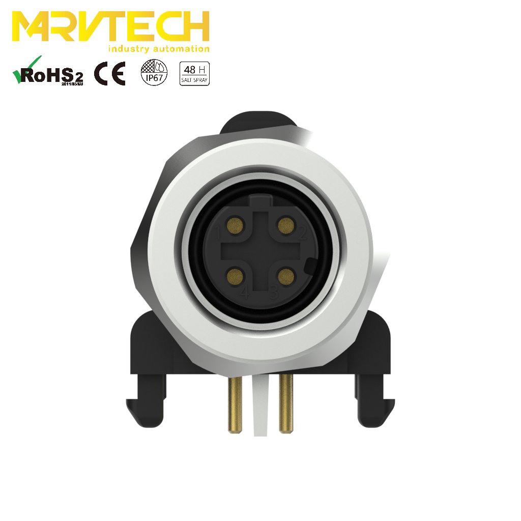 Marvtech M12 D code female rear mounting right angle receptacle connector with shield & angle IP67