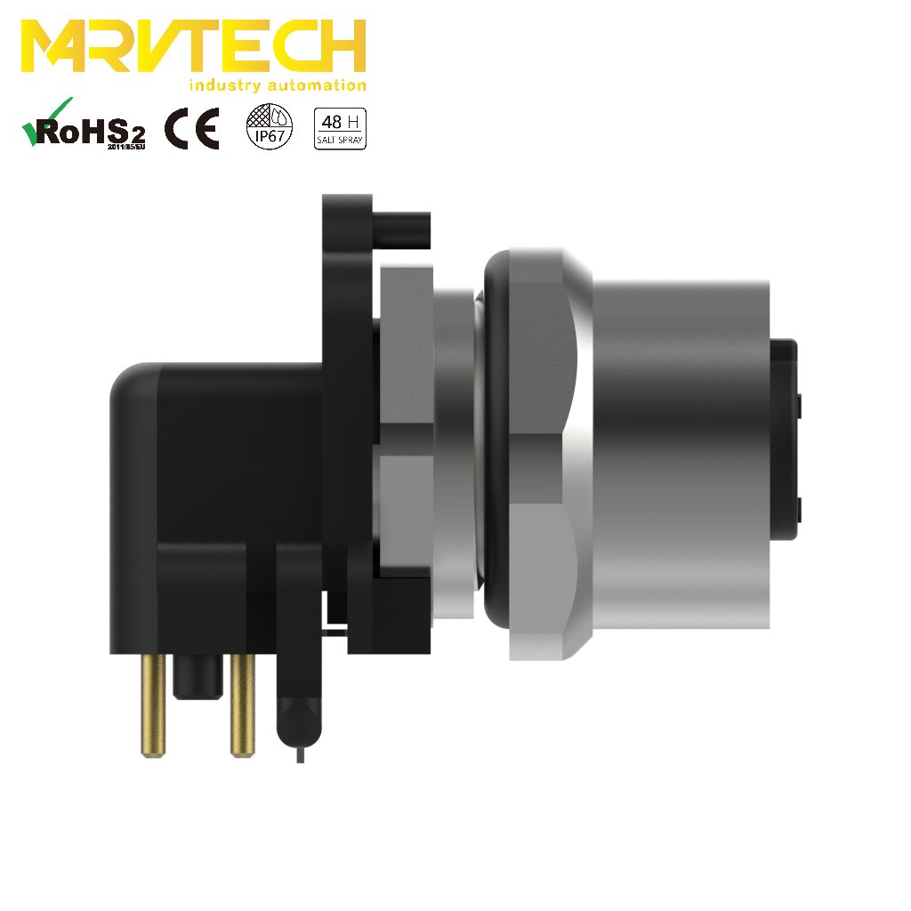 Marvtech M12 D code female rear mounting right angle receptacle connector with shield & angle IP67