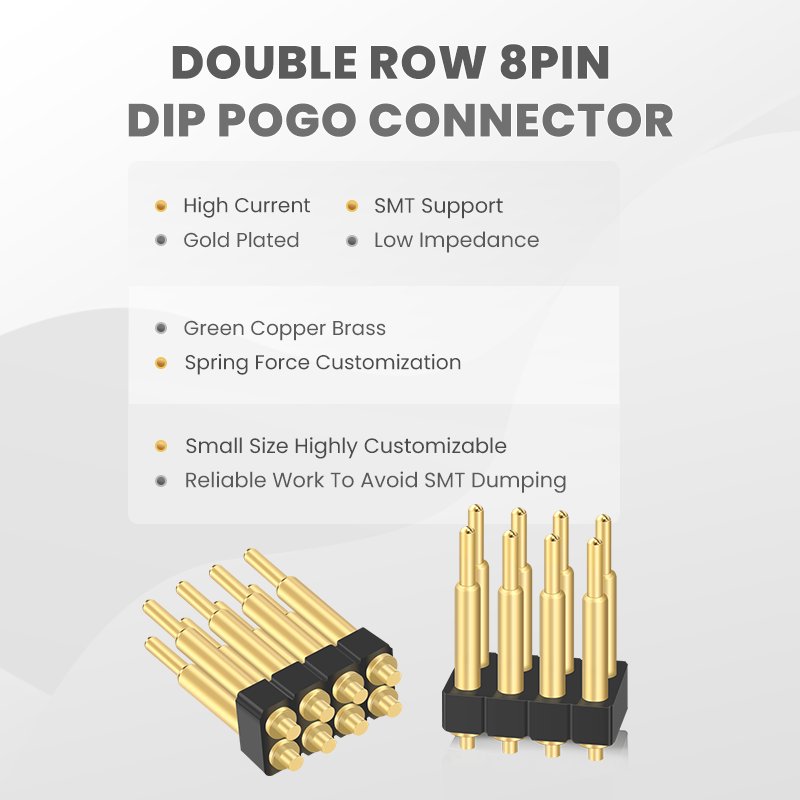 8Pin 2x4 Double Row Customize Length 8 Pin Pitch 2.54mm 2mm 5V 2A 12V 2A Gold Plated SMT Connector Brass Pogo Pin For Pcb