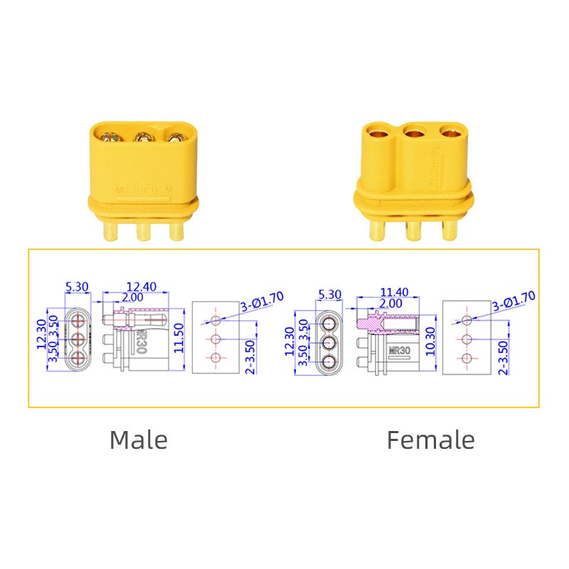 Amass Model Airplane MR30PB Male and Female Motor Electrically Adjusted Three Core PCB Vertical Welding Connector