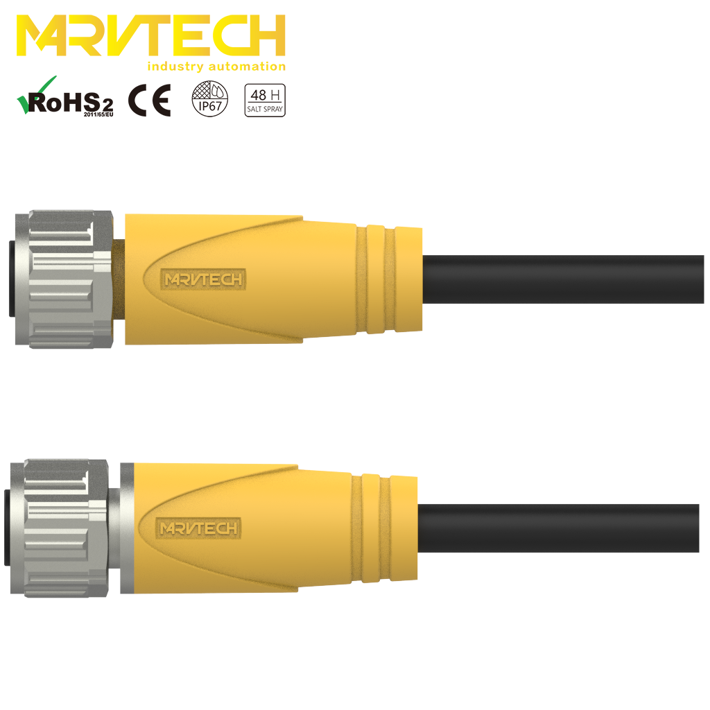 Marvtech factory direct shield T code overmould M12 electric cable connector for power supply female IP67 4Pin lvds