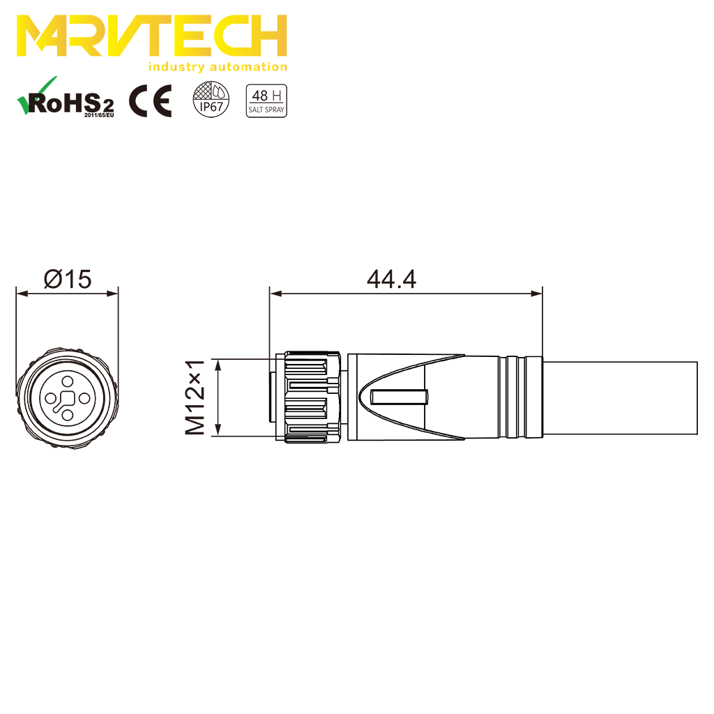 Marvtech factory direct shield T code overmould M12 electric cable connector for power supply female IP67 4Pin lvds