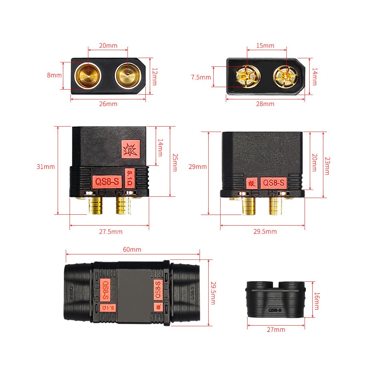 RC Blue Anti-spark Male QS QS8 QS8-S 5.1 15 Ohm 15Ohm Conector to Female XT90 Plug Connecter Anti Spark Cable Connector