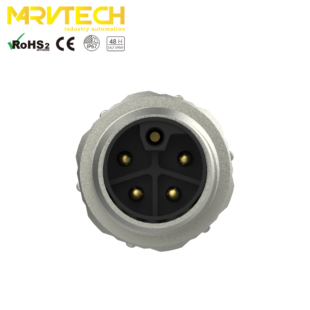 Marvtech M12 D code female rear mounting right angle receptacle connector with shield & angle IP67