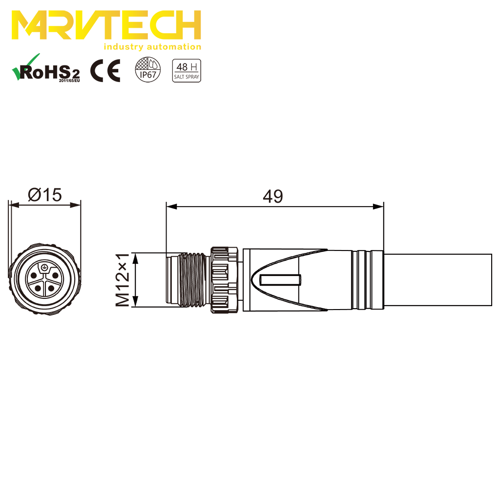 Marvtech M12 D code female rear mounting right angle receptacle connector with shield & angle IP67