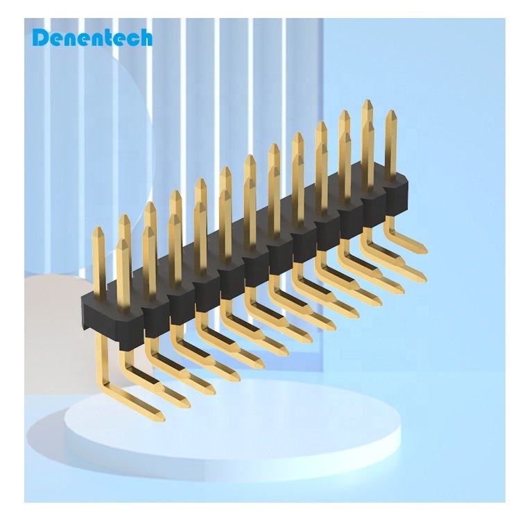 Denentech Gold Plated dual row 2P 3P 4P 8P 14P 16P Pin Copper right angle dip male 2.54mm pin header connector for PCB
