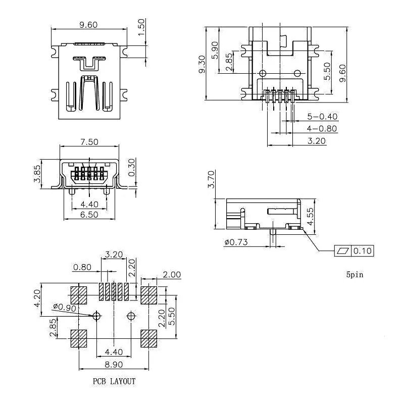 Mini USB SMD 5 Pin Female Mini B Socket Connector SMT