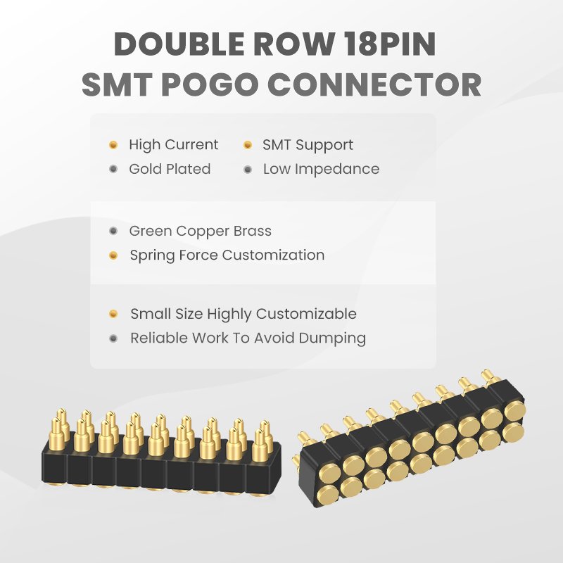 18Pin Custom Pitch 2.54mm 5V2A 12V 2A Double Row Panel Mount Gold Plated SMT 18 Pin Vertic Brass Spring Pogopin Connector