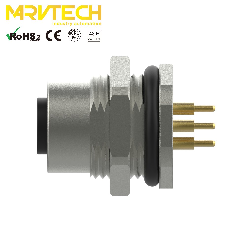 Marvtech 3 4 5 8 pole female PCB rear panel mount flexible m12 sensor connector for industrial automation electrical