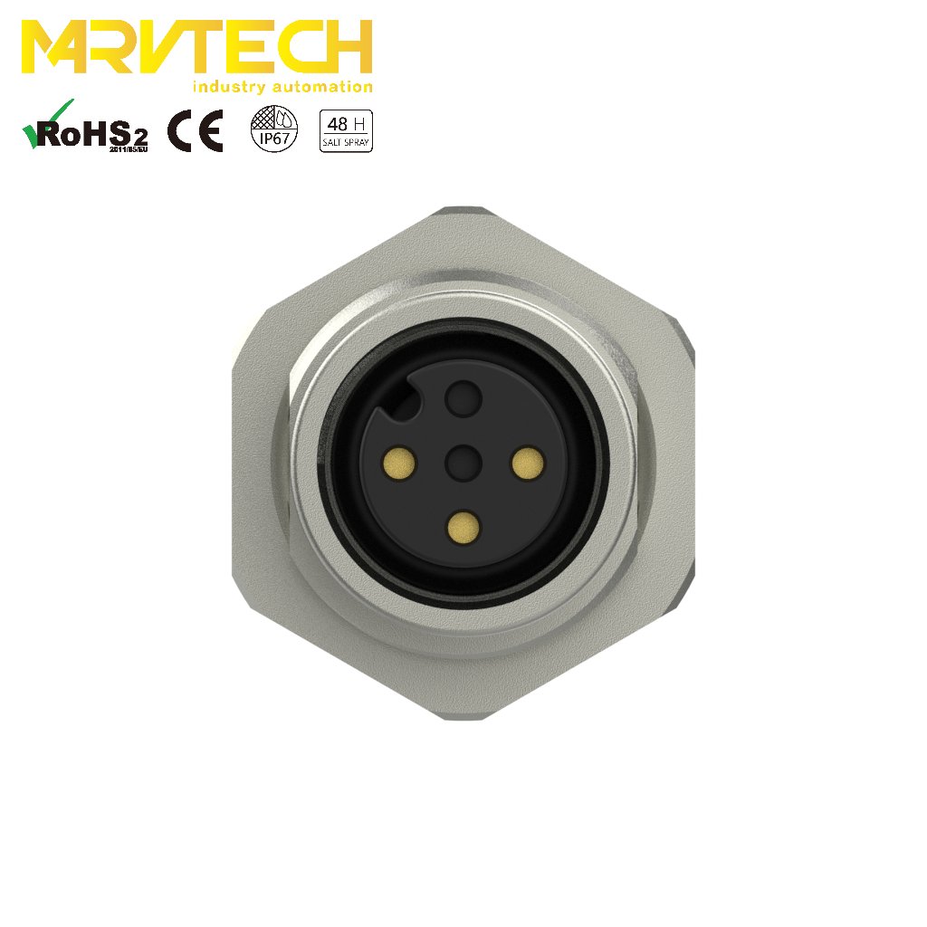 Marvtech 3 4 5 8 pole female PCB rear panel mount flexible m12 sensor connector for industrial automation electrical