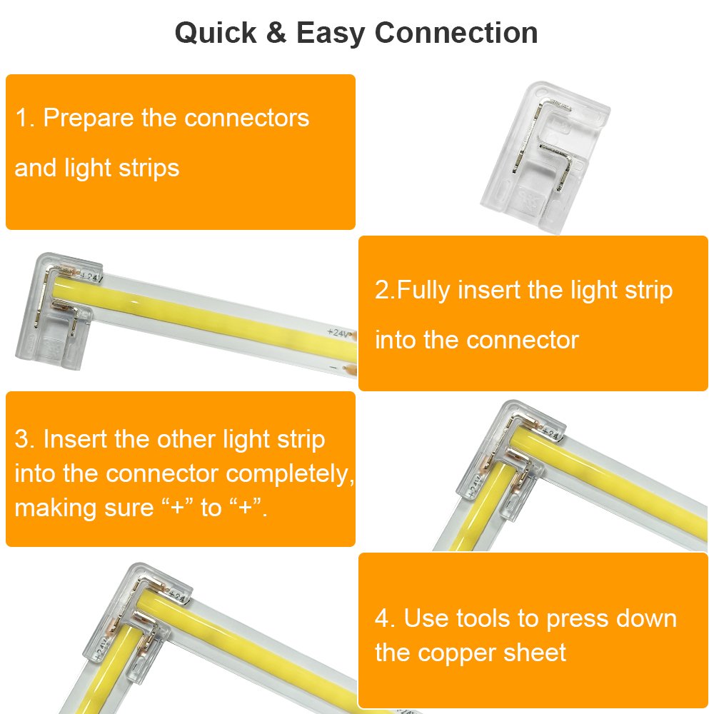 12V 24V 5A Wire to Strip Straight shape L-Shape Corner SMD COB Quick LED Strip Connectors for 8MM 2pin SMD COB Strip Lighting