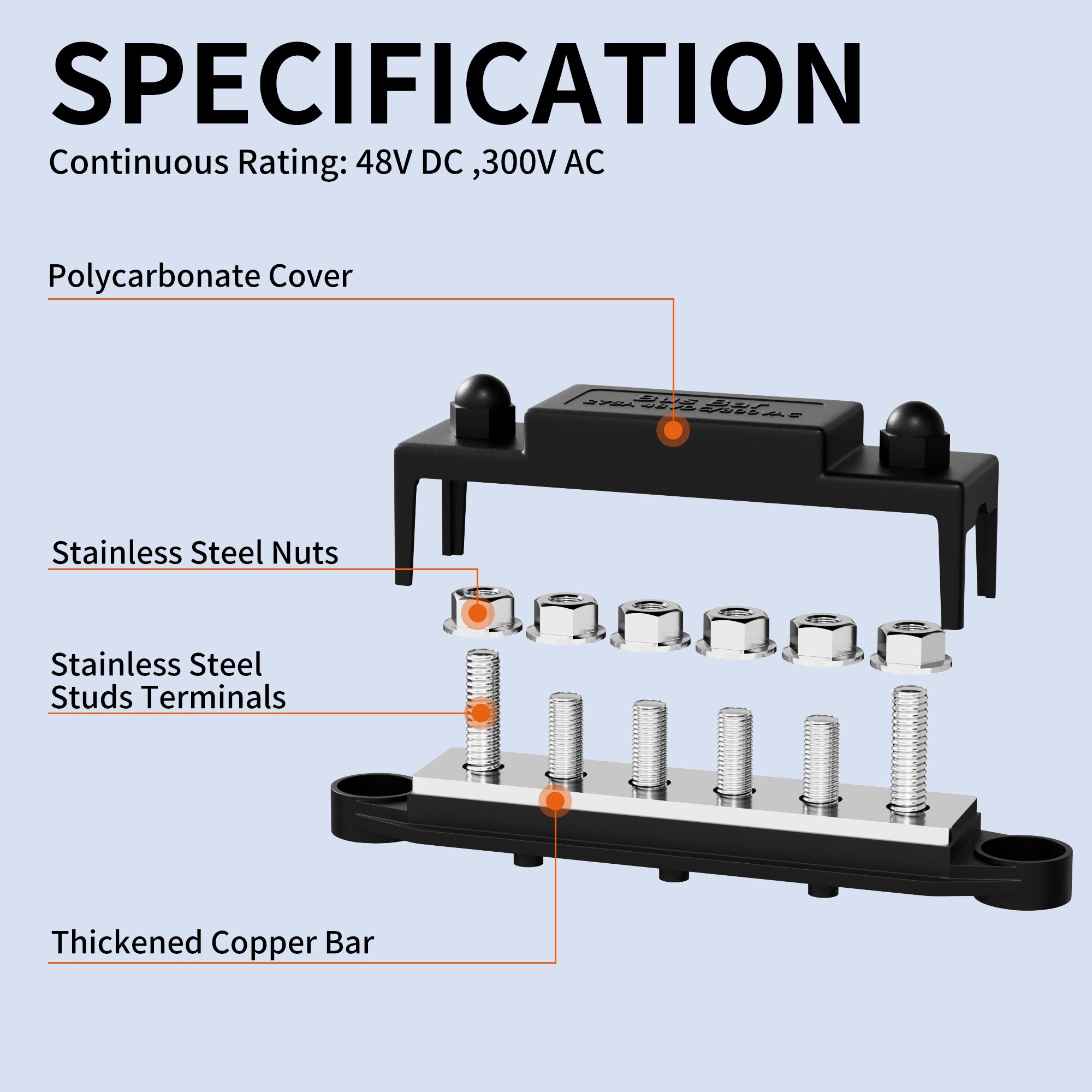 Power Distribution Bus Bar 275A 12V Car Audio Bus Bar Connectors 6 x 5/16" (M8) Stud Copper Plated Bus Bar Terminal Block