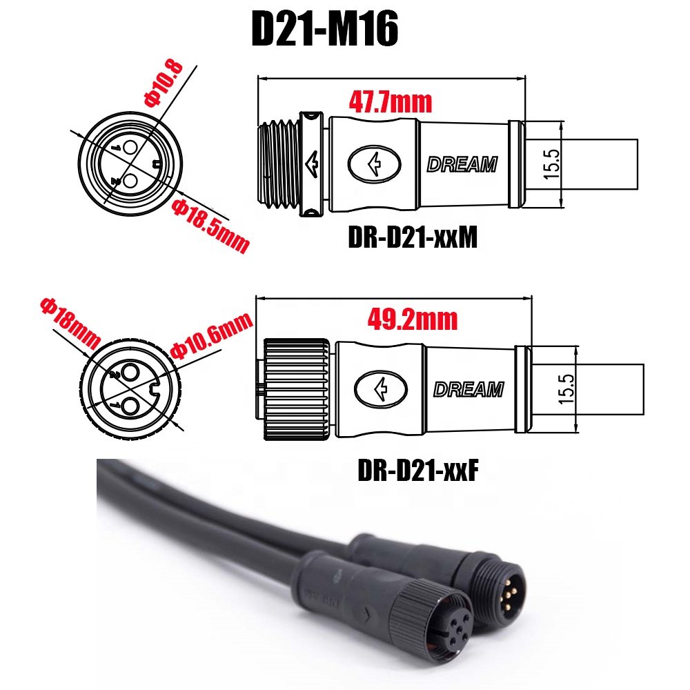 Dream-start Factory Waterproof Connector CQC IP67 M16 2Pin DC Plug Power Waterproof Connector