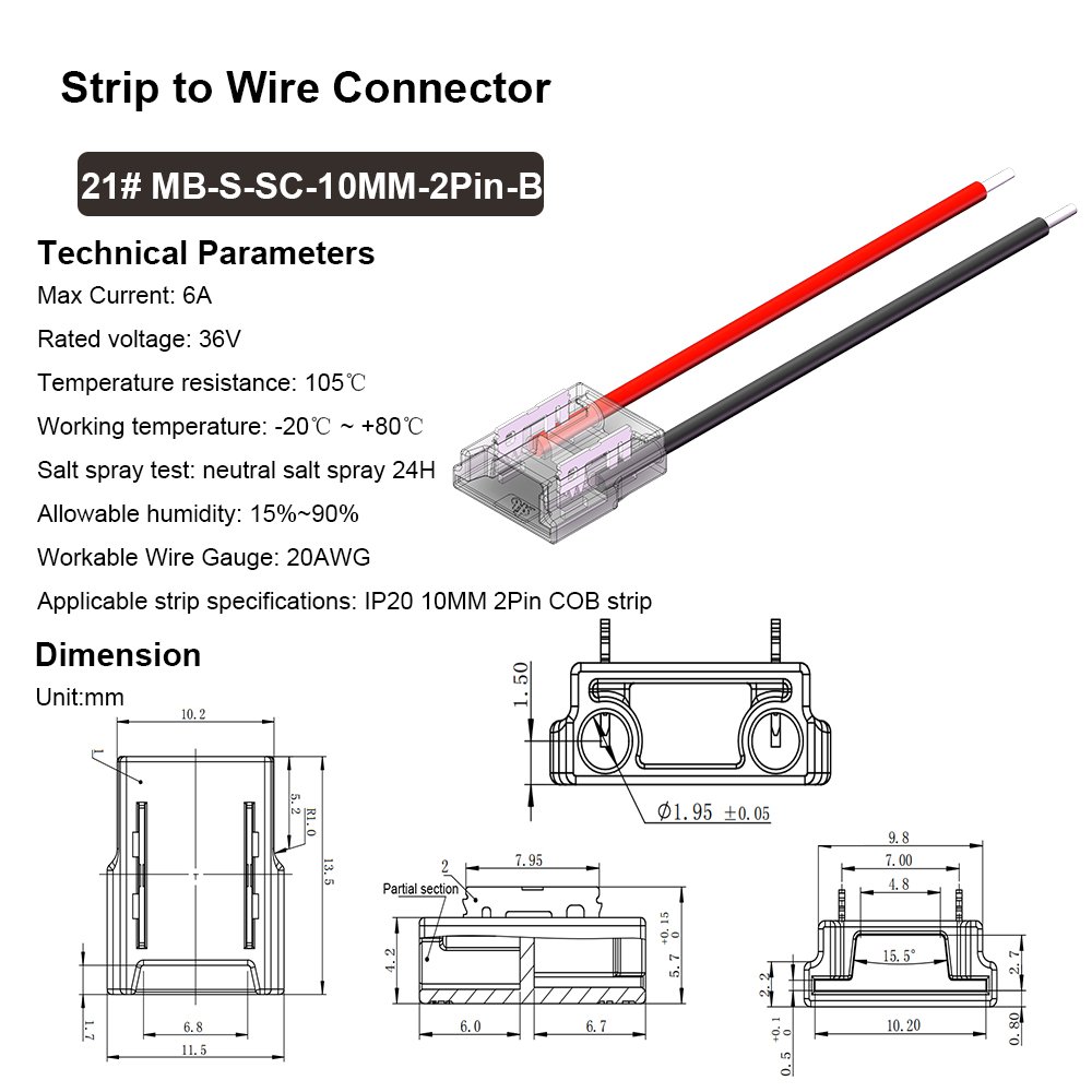 Easy Connect IP20 COB SMD2835 Strip to Cable 20AWG 10mm PCB Width 2PIN single color Solderless LED Tape Connectors 2pin