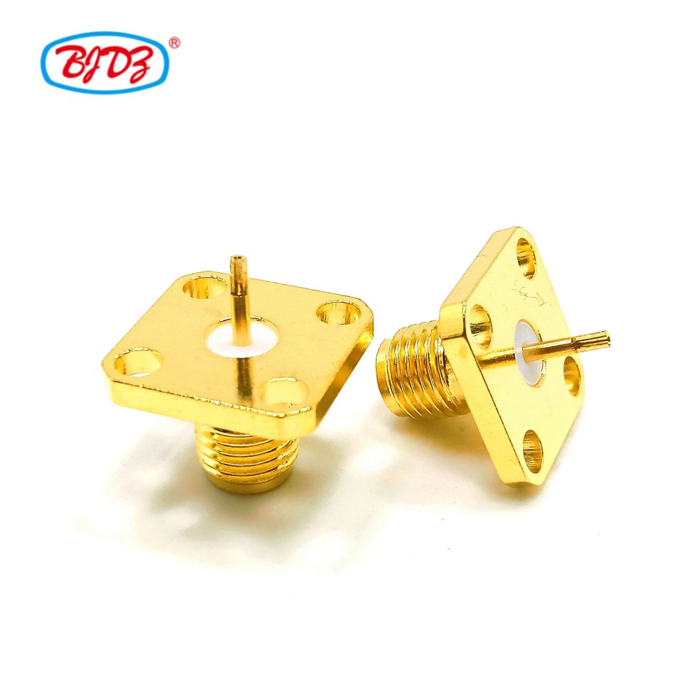 Manufacturer supply RF Coax Coaxial Adapter Fully gold plated SMA female Jack 4 hole flange square soldering Welding Connector