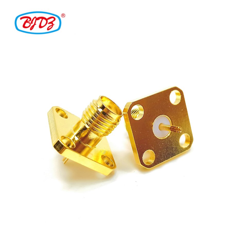 Manufacturer supply RF Coax Coaxial Adapter Fully gold plated SMA female Jack 4 hole flange square soldering Welding Connector