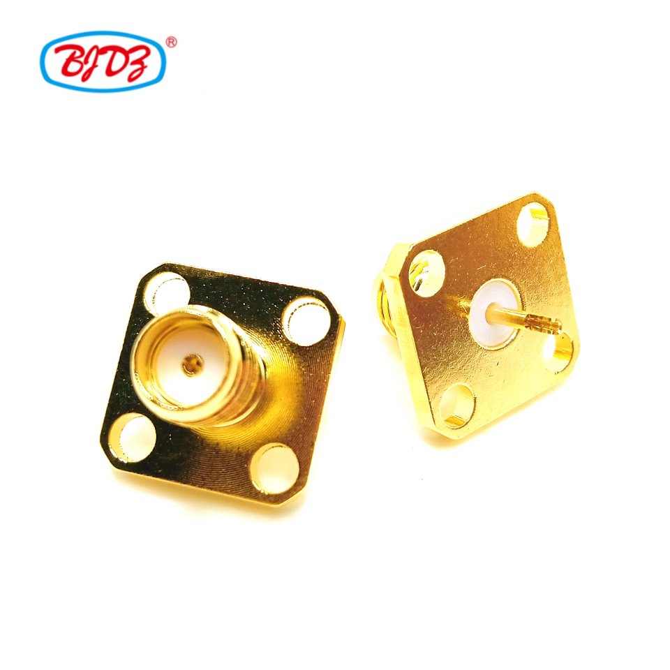 Manufacturer supply RF Coax Coaxial Adapter Fully gold plated SMA female Jack 4 hole flange square soldering Welding Connector