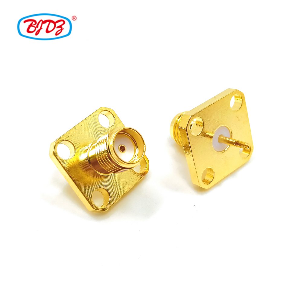 Manufacturer supply RF Coax Coaxial Adapter Fully gold plated SMA female Jack 4 hole flange square soldering Welding Connector