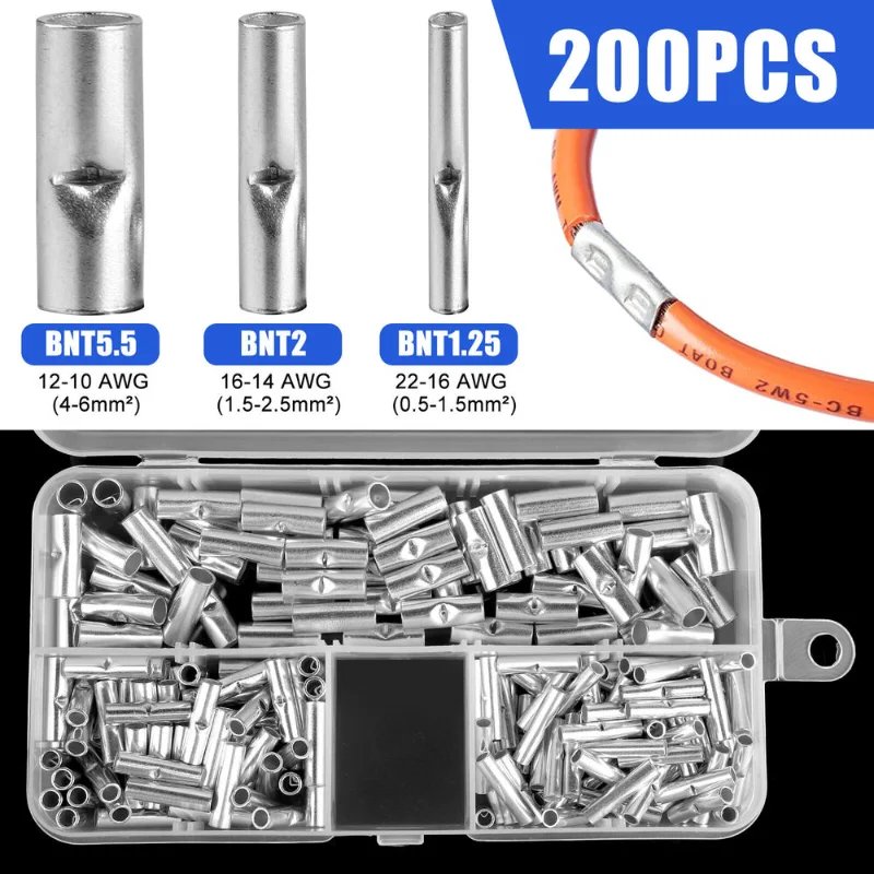 200pcs Butt Wire Connector Uninsulated Ferrules Electrical Cable Terminal Bare Tinned Crimp Terminal 0.5-6mm2 22-10AWG