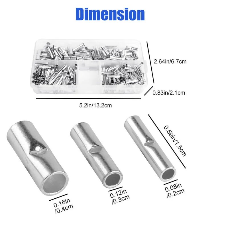 200pcs Butt Wire Connector Uninsulated Ferrules Electrical Cable Terminal Bare Tinned Crimp Terminal 0.5-6mm2 22-10AWG