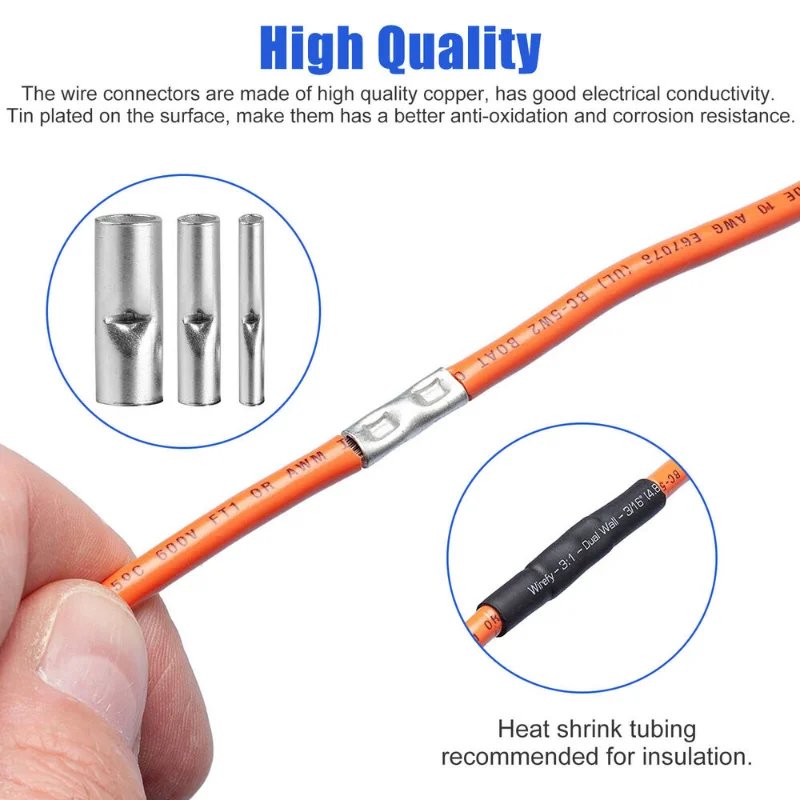 200pcs Butt Wire Connector Uninsulated Ferrules Electrical Cable Terminal Bare Tinned Crimp Terminal 0.5-6mm2 22-10AWG