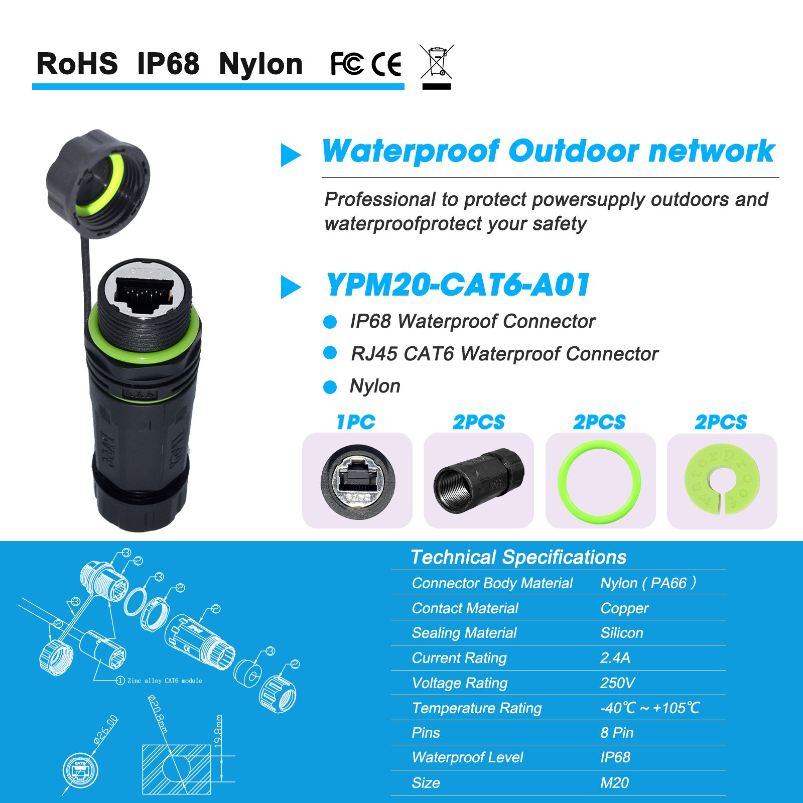 YXY Network CAT6 Zinc alloy Connector Panel Mount IP68 Waterproof RJ45 M20 connector wire Ethernet Jack copper cable wire