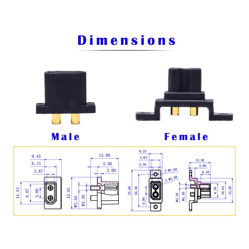 Amass XT30G Male Female Connector | DC XT30 Panel Mount Plug XT30G-M/F Wall Mounted with Screws