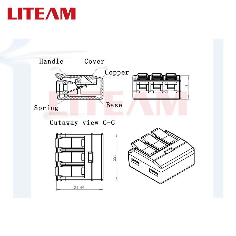 universal push in wire 3 conductor splicing quick wire electrical led lighting fast connector