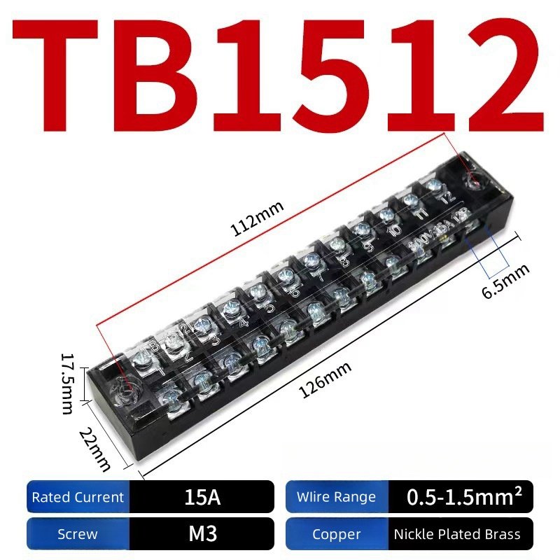 Double row fixed fence screw terminal block TB1512 covered screw barrier terminal 15A 600V wire connector