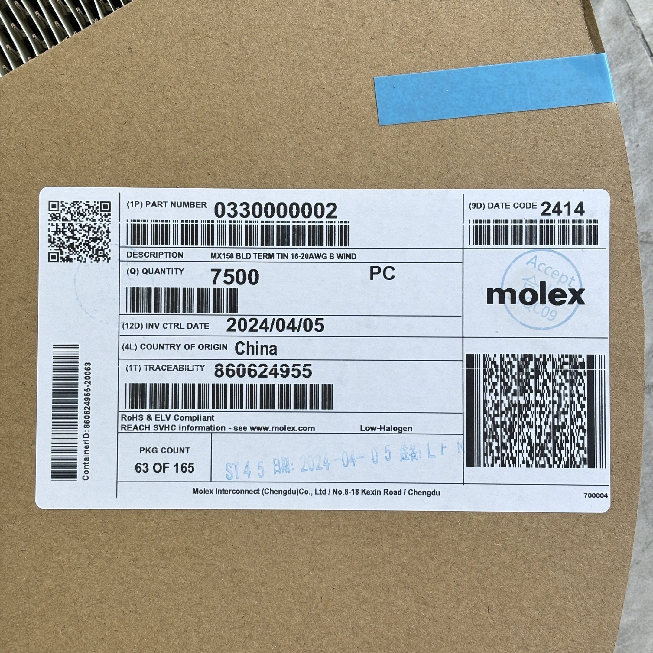 Original MX150 Male Terminal Molex 330000001 330000002 Automotive Right Reel Mat-Sealed or Unsealed 16-20 AWG Connectors