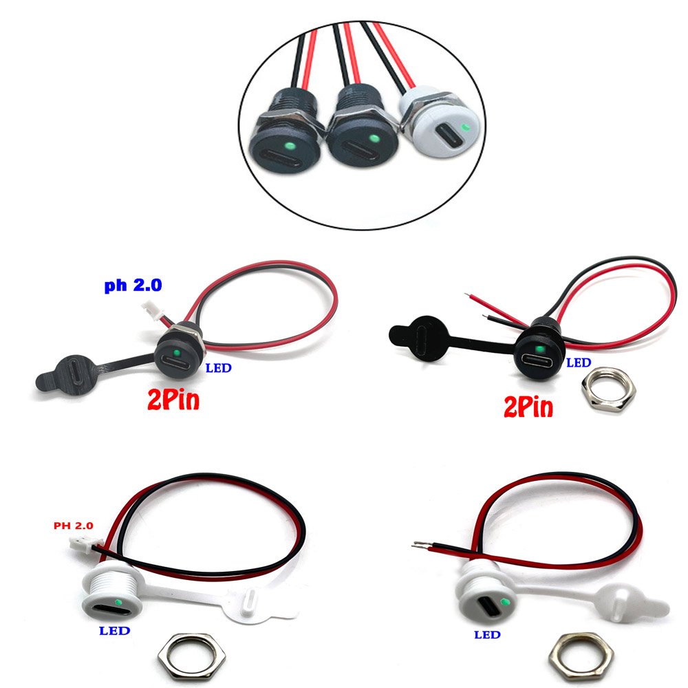 USB-C 2 Pin High Current Charging Socket LED lamp nut snap lock plate USB TYPE-C female Waterproof Female Connector JacK