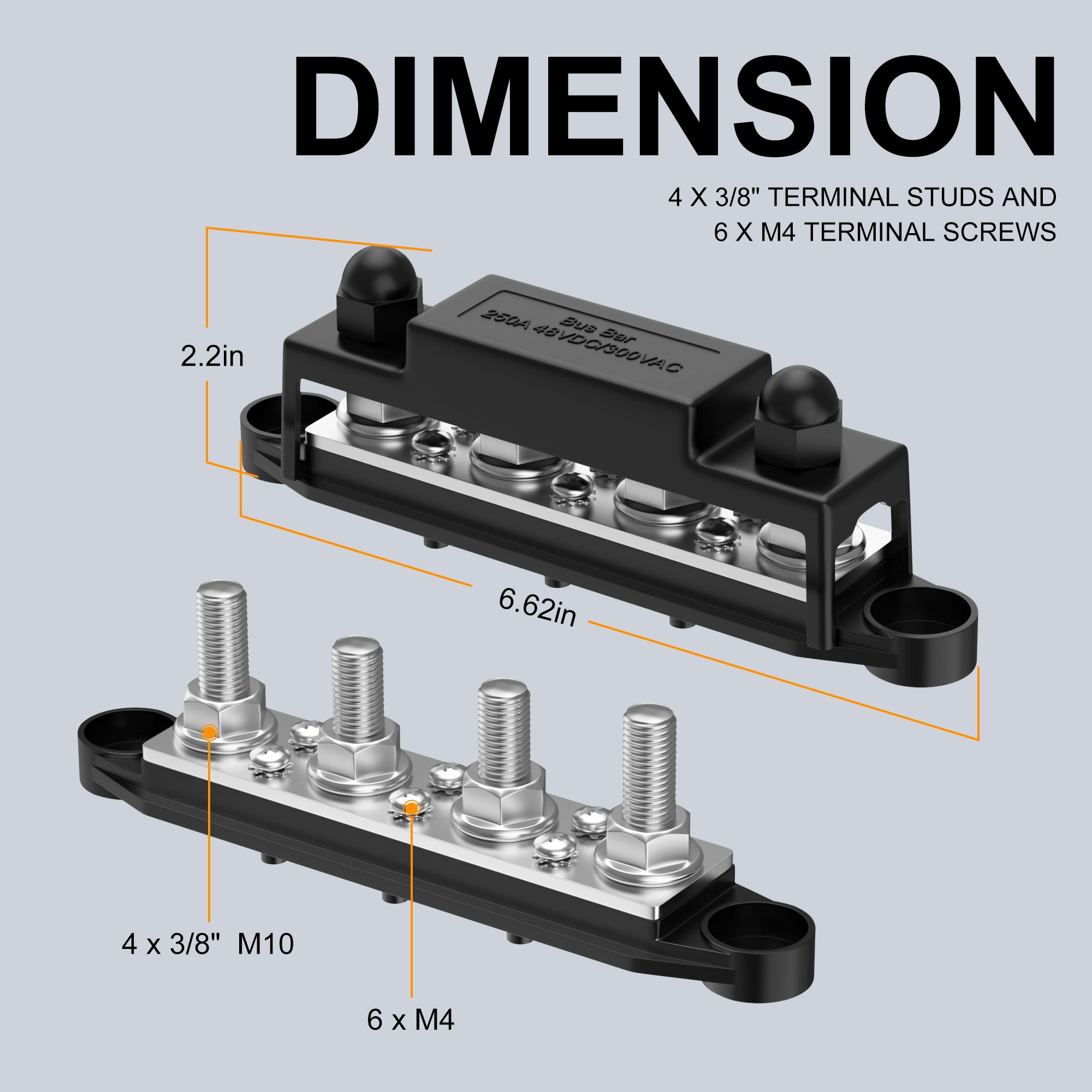 250A Terminale Block Stud Connector 3.5MM Copper Nickel Busbar 48V Terminal Bar Bus With 4XM10 Post And 6XM4 Screw