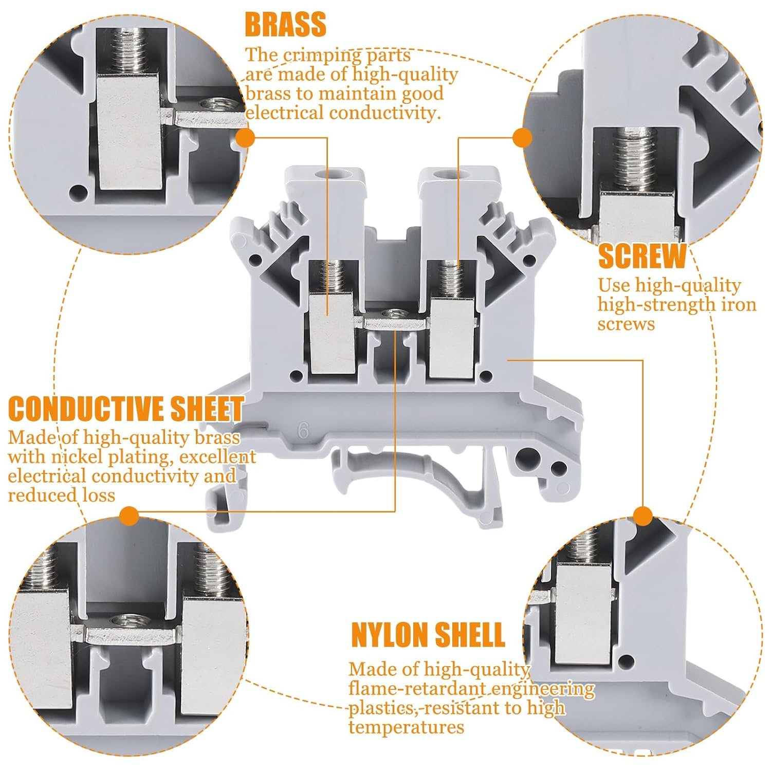 UK2.5B-GR Screw Clamp Terminal Block Jumper UL 600V 20A 12-24AWG DIN Rail Terminal Block Connector