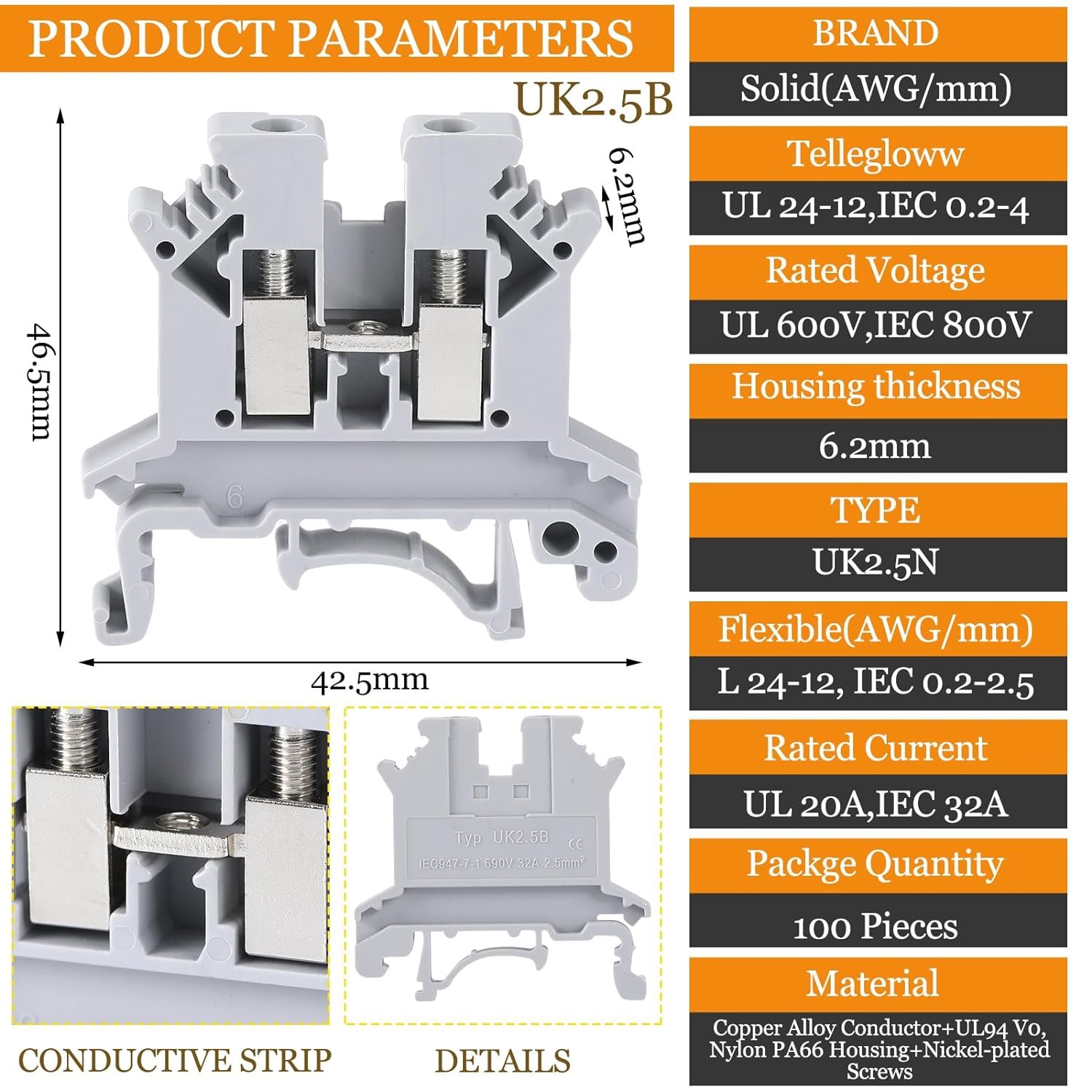 UK2.5B-GR Screw Clamp Terminal Block Jumper UL 600V 20A 12-24AWG DIN Rail Terminal Block Connector