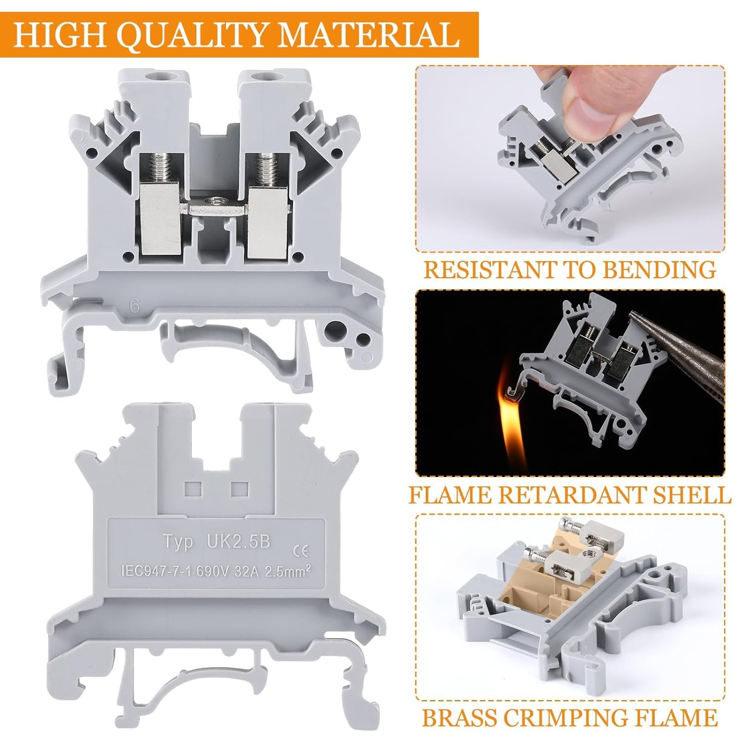 UK2.5B-GR Screw Clamp Terminal Block Jumper UL 600V 20A 12-24AWG DIN Rail Terminal Block Connector