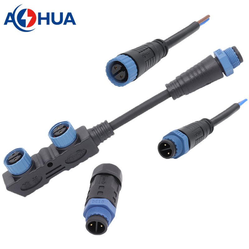 AOHUA UL F type lighting waterproof connector male female M15 cable splitter 2 pin