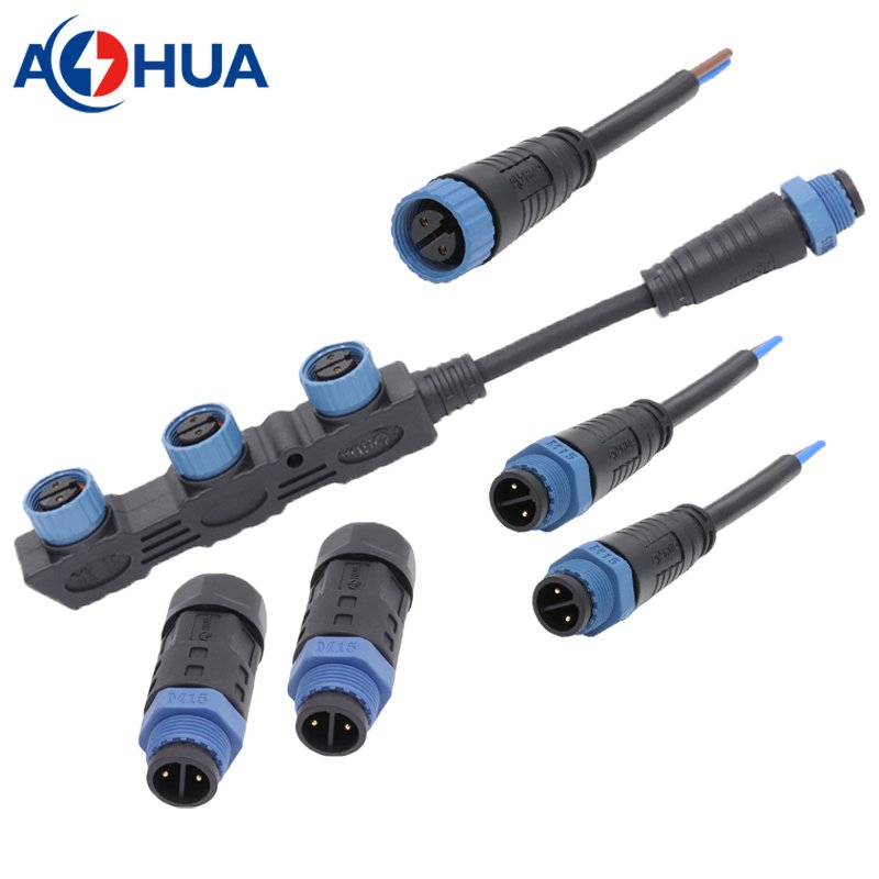 AOHUA UL F type lighting waterproof connector male female M15 cable splitter 2 pin