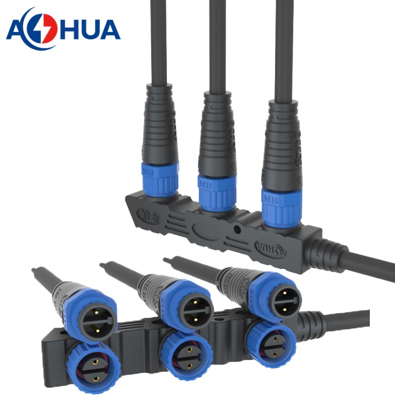 AOHUA UL F type lighting waterproof connector male female M15 cable splitter 2 pin