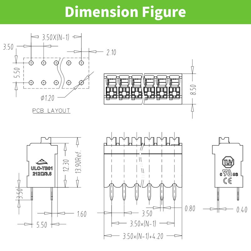 pcb board terminal block spring terminal blocks screwless electrical connector fixed for pcb 3.5mm ptich