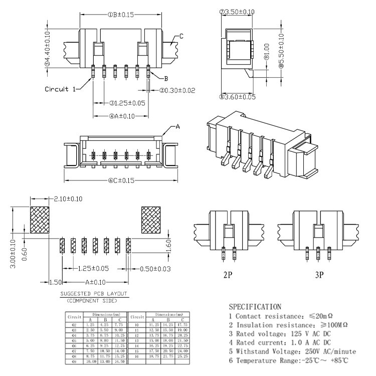 one-stop purchase 1.25mm pitch 5 pin SMT type wire PCB wafer connector